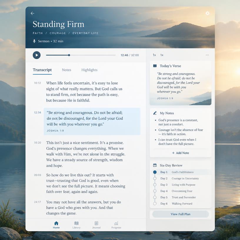 Sermon Record interface with a transcript, Bible verse, notes, and review plan